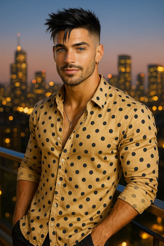 Beige Polka Dot Slim Fit Shirt for Men | Trendy Casual & Party Wear