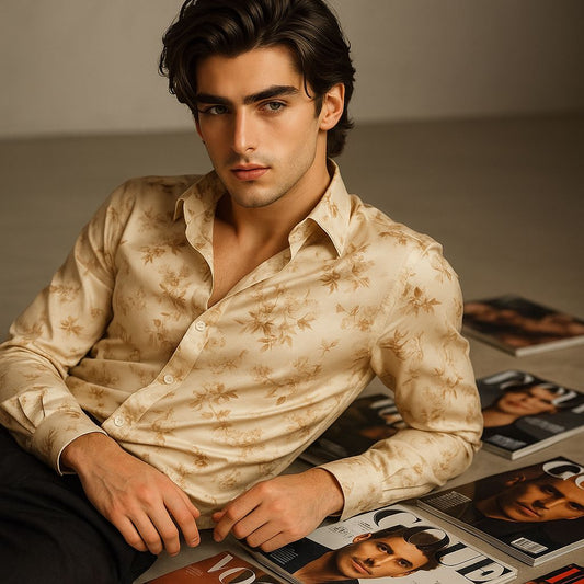 Beige Floral Satin Shirt for Men | Luxury Slim Fit Party Wear