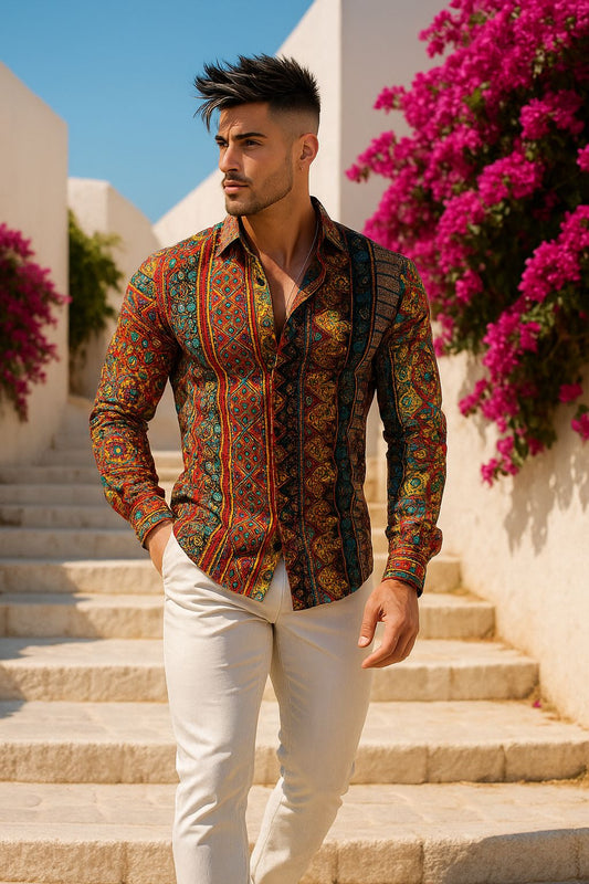 Bold Multicolor Ethnic Print Slim Fit Shirt for Men | Designer Party Wear