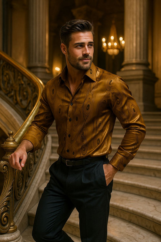 Luxury Golden Brown Satin Shirt for Men – Woodgrain Pattern, Premium Party Wear