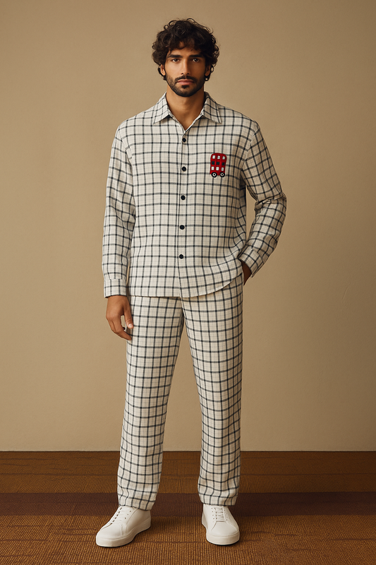 White Check Co-ord Set for Men – Baggy Fit | 4-Way Lycra | Drop Shoulder Full Sleeve Shirt & Pants