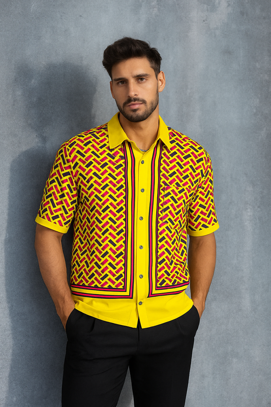 Luxury Geometric Print Premium Imported Shirt – Bold Yellow & Magenta