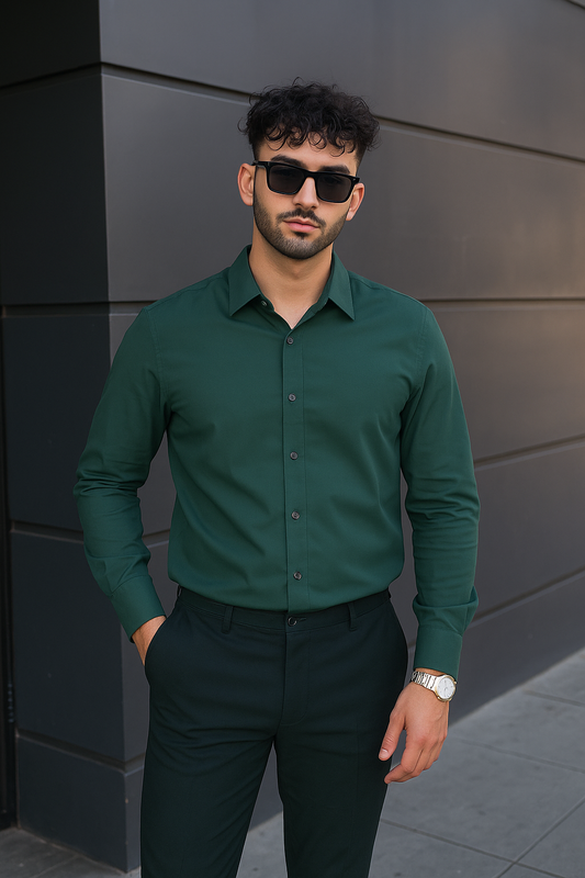 Rama Green Lycra Solid Shirt for Men – Full Sleeve, Regular Fit, Premium Comfort