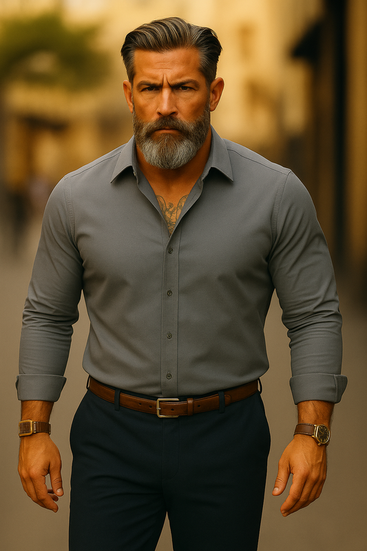 Grey Lycra Solid Shirt for Men – Full Sleeve, Regular Fit, Premium Comfort