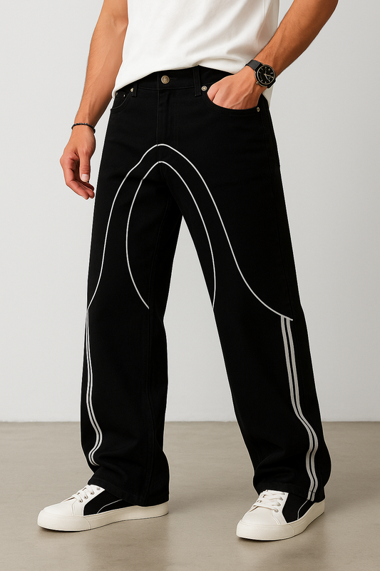 Black Statement Jeans with Bold Curve Line Design