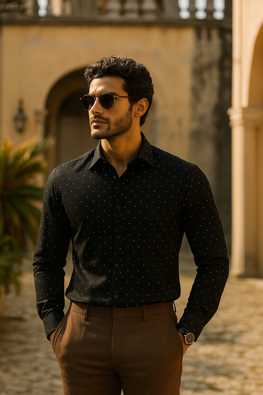 Men’s Black Premium Crystal-Studded Party Shirt – Luxury Slim Fit Designer Wear