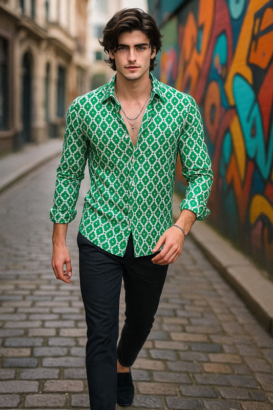 Green Geometric Print Slim Fit Casual Shirt for Men | Trendy Streetwear
