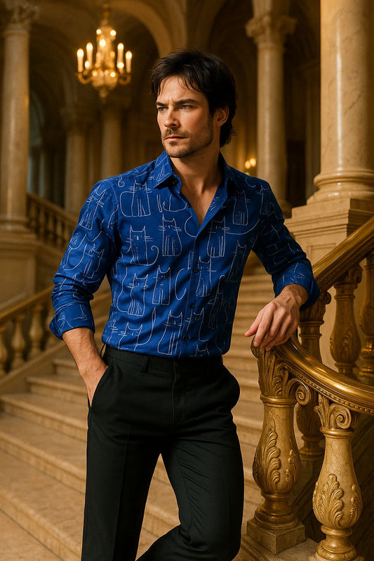 Nautical Blue Men’s Shirt with Abstract Cat Print – Premium Cotton Resort Wear