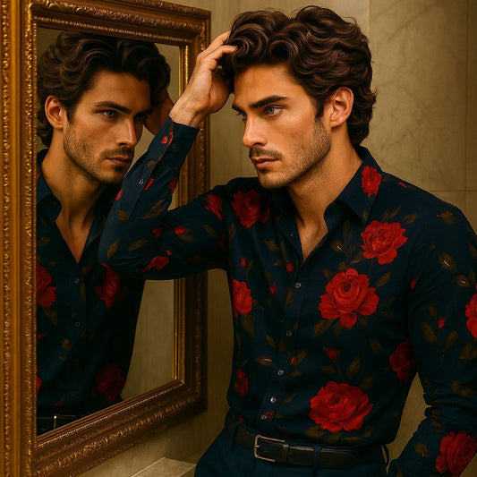 Navy Blue Rose Print Slim Fit Shirt for Men | Luxury Floral Party Wear