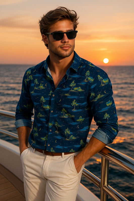Navy Blue Tropical Sunset Print Shirt for Men | Slim Fit Resort Wear
