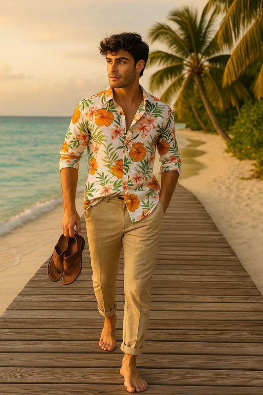 Tropical Beach Floral Shirt for Men – White Cotton with Orange & Yellow Hibiscus Print