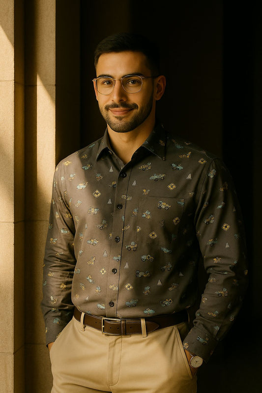 Olive Green Printed Men’s Shirt – Premium Cotton with Minimal Geometric Motifs