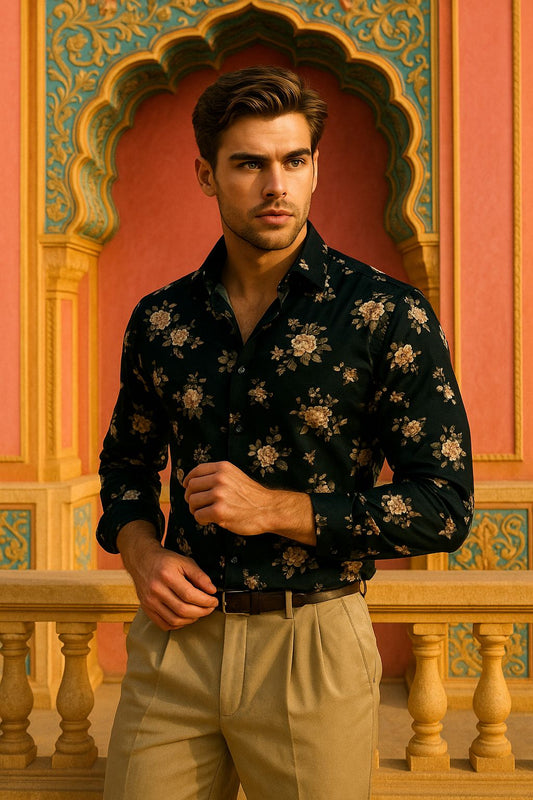 Black Floral Print Short Sleeve Shirt for Men | Premium Summer Party Wear