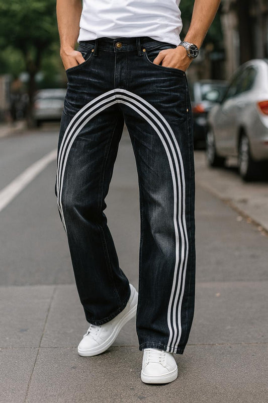 Black Streetwear Wide-Leg Jeans with White Arc Stripe Detailing – Premium Urban Style