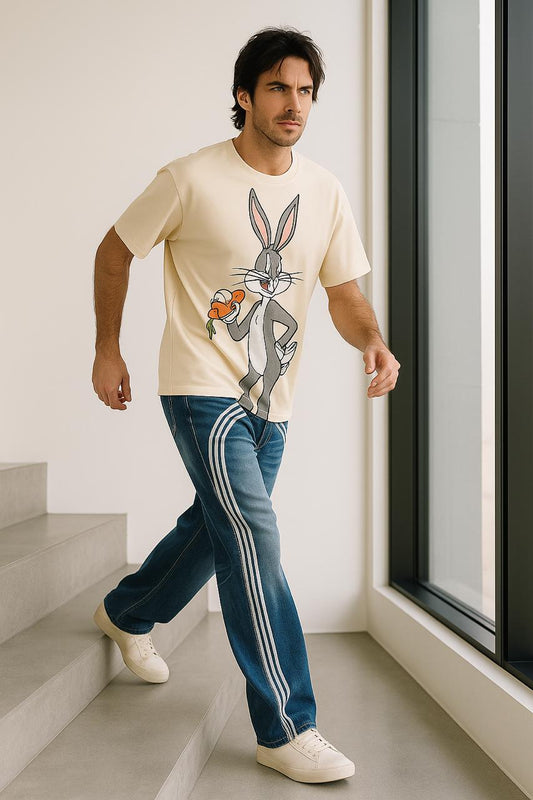 Light Blue Vintage Wash Wide-Leg Jeans with White Arc Stripe Design – Trendy Streetwear Denim