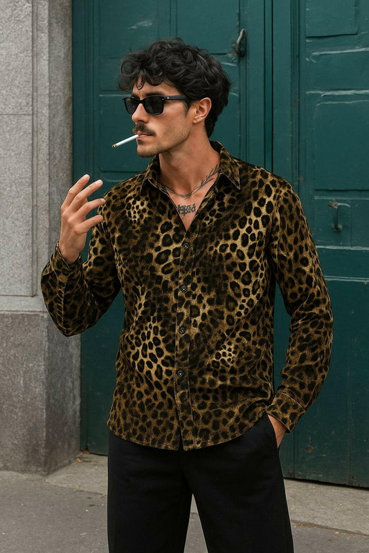 Men's Tiger Print Velvet Shirt – Bold Designer Statement Shirt for Party & Casual Wear