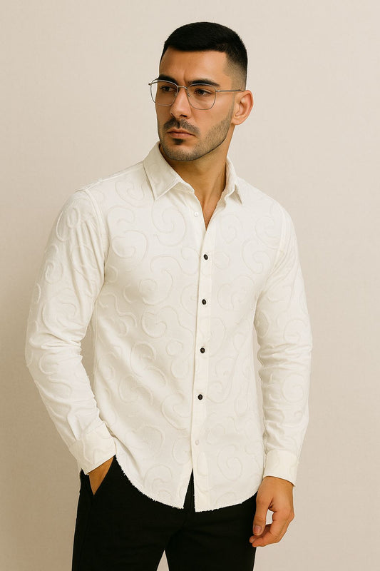 Premium Satin Lycra Shirt for Men – Embossed Designer Pattern | Luxury Party Wear Full Sleeve Shirt