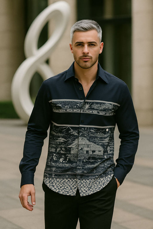 Navy Blue Heritage Print Shirt for Men – Premium Cotton | Artistic Scenic Design