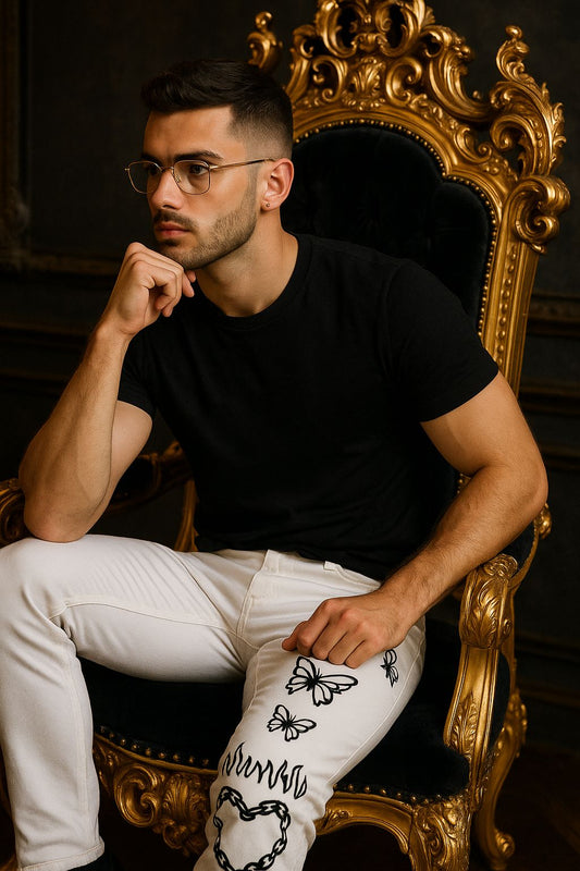 White Designer Jeans for Men with Black Butterfly & Chain Heart Embroidery – Baggy Fit Streetwear Denim