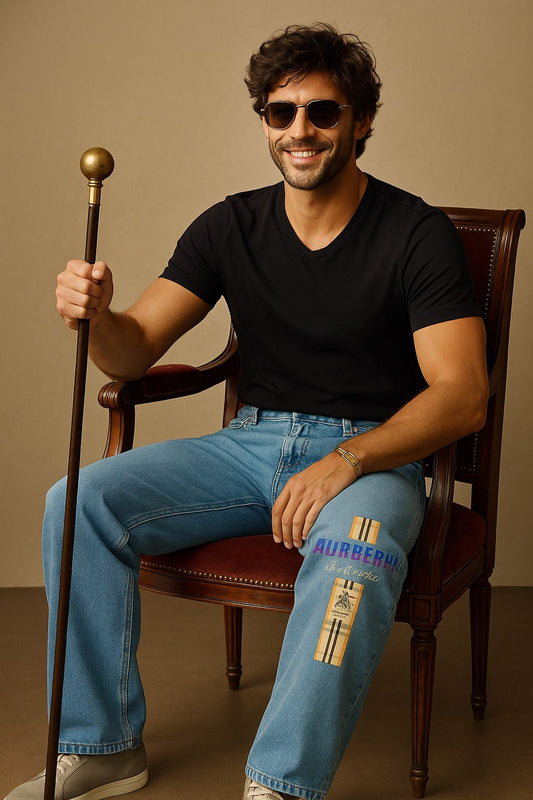 Premium Patchwork Light Blue Relaxed Fit Denim Jeans for Men – Designer-Inspired Street Style