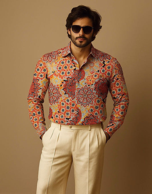 Beige Moda Full Sleeve Regular Fit Printed Shirt | For Men
