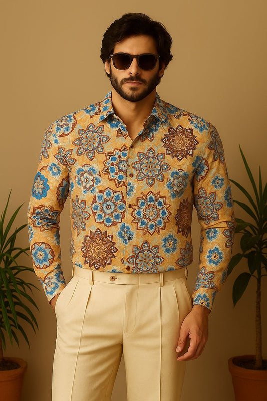 Beige Moda Full Sleeve Regular Fit Printed Shirt | For Men