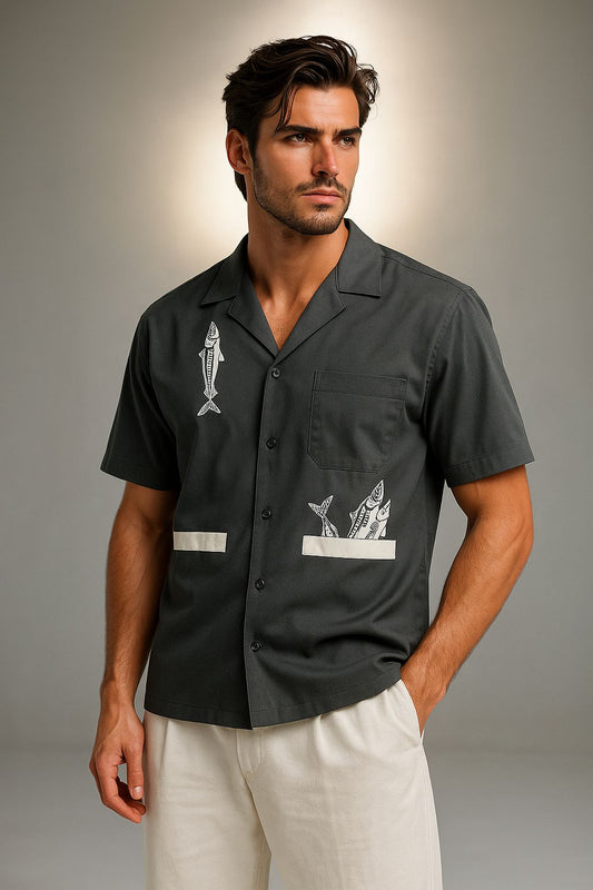 Premium Grey Satin Lycra Shirt for Men – Fish Printed | Luxury Soft Touch, Stylish Summer Half Sleeve Shirt