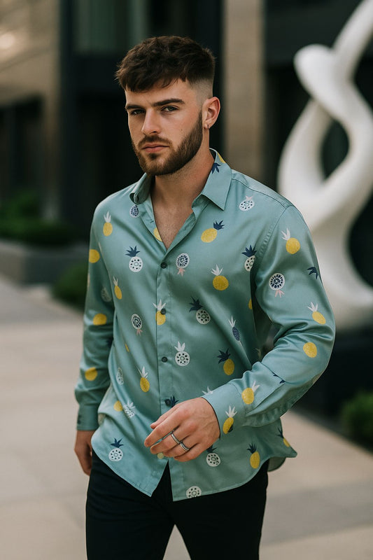 Lime Green Lycra Full Sleeve Regular Fit Printed Shirt | For Men