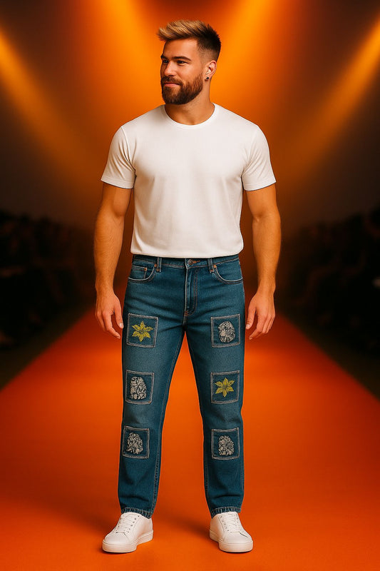 Blue Patchwork Jeans for Men – Relaxed Fit Denim with Multi-Graphic Printed Panels | Trendy Streetwear