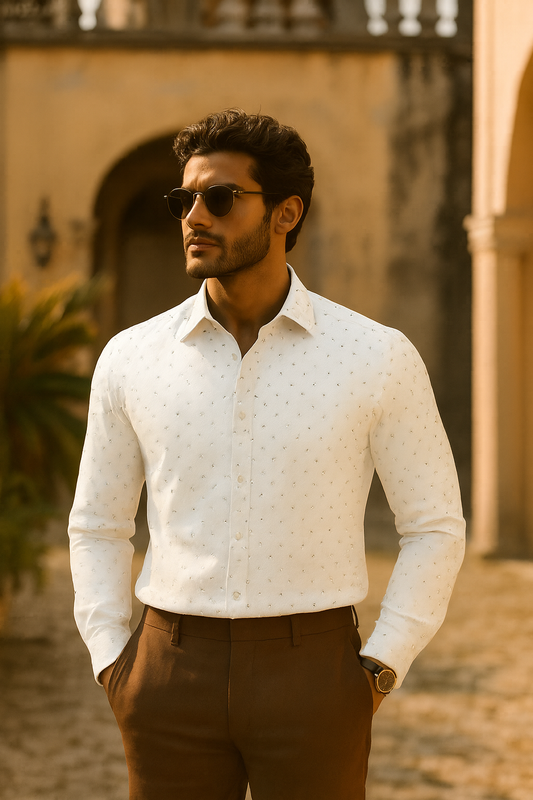 Men’s Luxury White Crystal-Studded Shirt – Premium Slim Fit Party & Event Wear